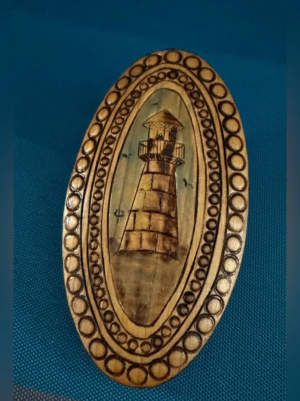 Wooden Hand-Carved Lighthouse Brooch - Oval